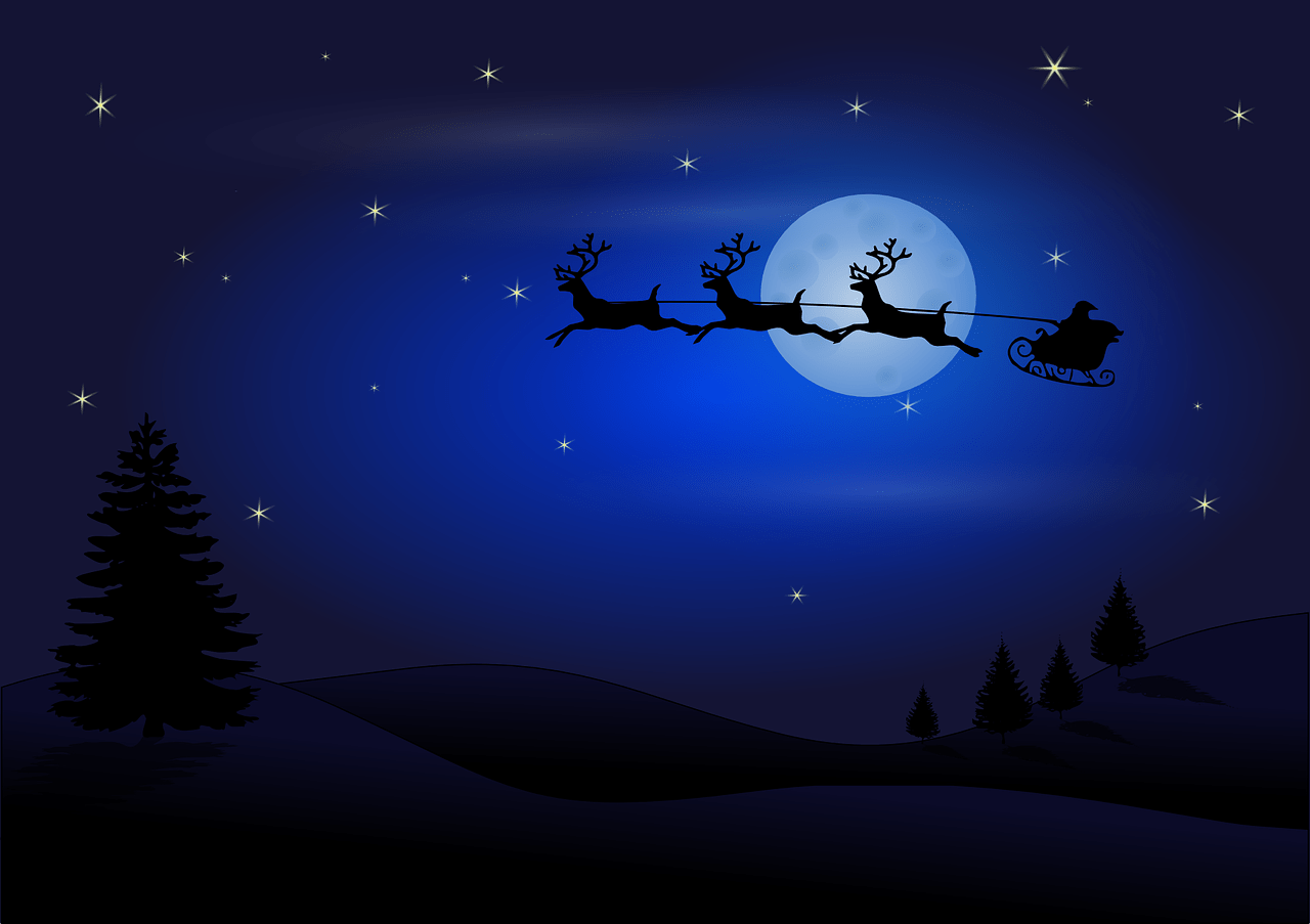 Santa on his sleigh riding through the air with reindeer pulling him at night